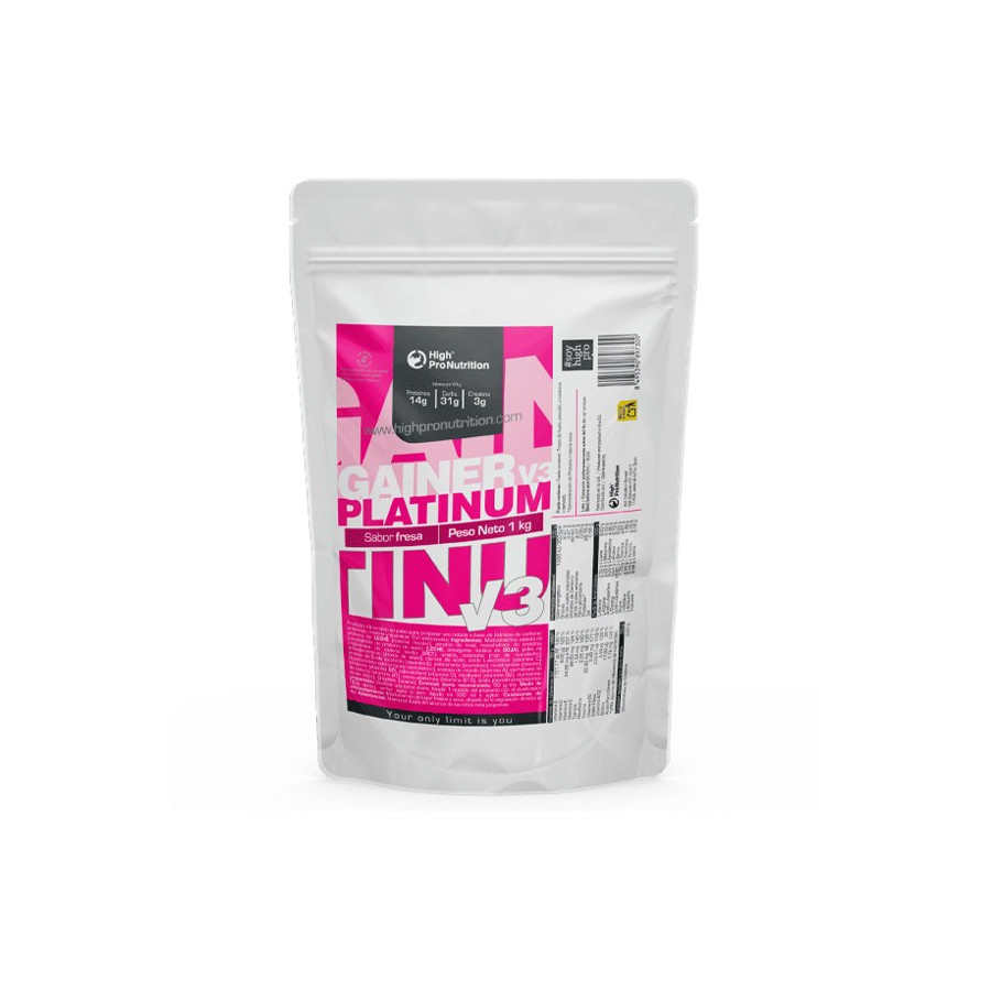 **“Gainer Platinum V3 High Pro Nutrition sabor fresa 1 kg suplemento hipercalórico con proteínas, carbohidratos y creatina”**