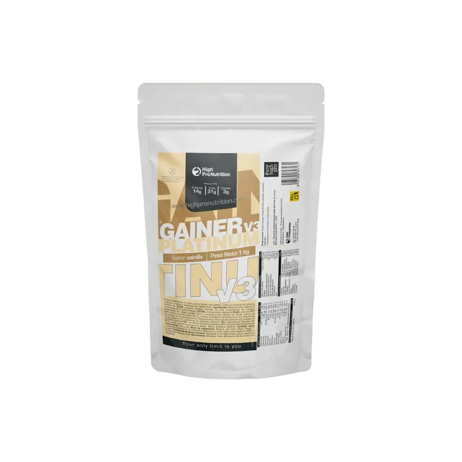 **“Gainer Platinum V3 High Pro Nutrition sabor vainilla 1 kg suplemento hipercalórico con proteínas, carbohidratos y creatina”**